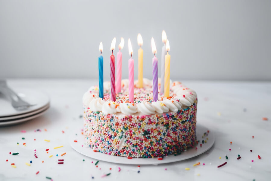 A sprinkle birthday cake with candles